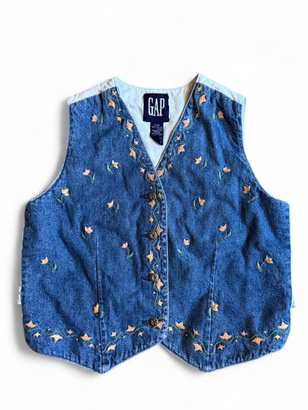 Vintage GAP Blue Denim Vest with Peach Floral Embroidery
